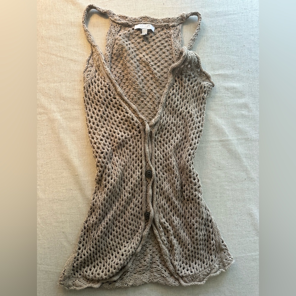 Delia’s Y2K Open Knit Button-Front Sleeveless Cardigan Vest - Taupe XS women’s - Picture 3 of 7